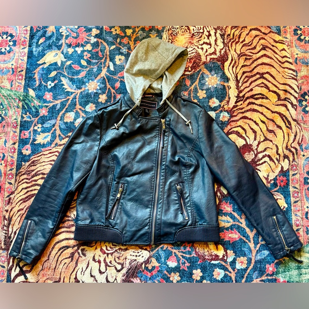 Tommy Hilfiger Blue Leather Jacket with Hood size XL